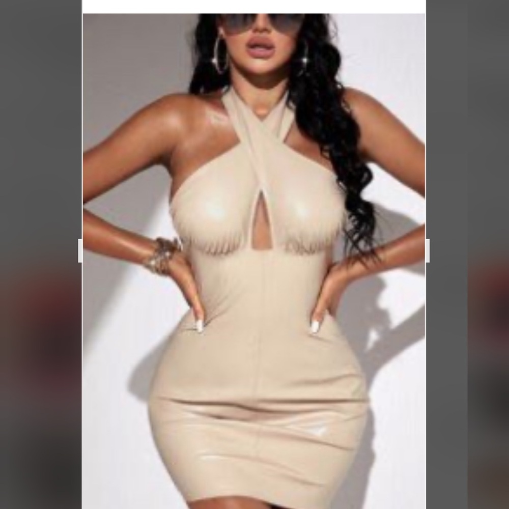 NWOT SHEIN Faux Leather Elegant Beige Halter Dress